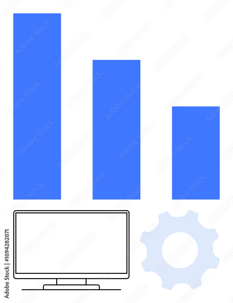 Bar graphs in blue, computer monitor, and cogwheel. Ideal for business analytics, data visualization, technology, technical support, process improvement, software engineering and performance Bar graphs in blue, computer monitor, and cogwheel. Ideal for business analytics, data visualization, technology, technical support, process improvement, software engineering and performance