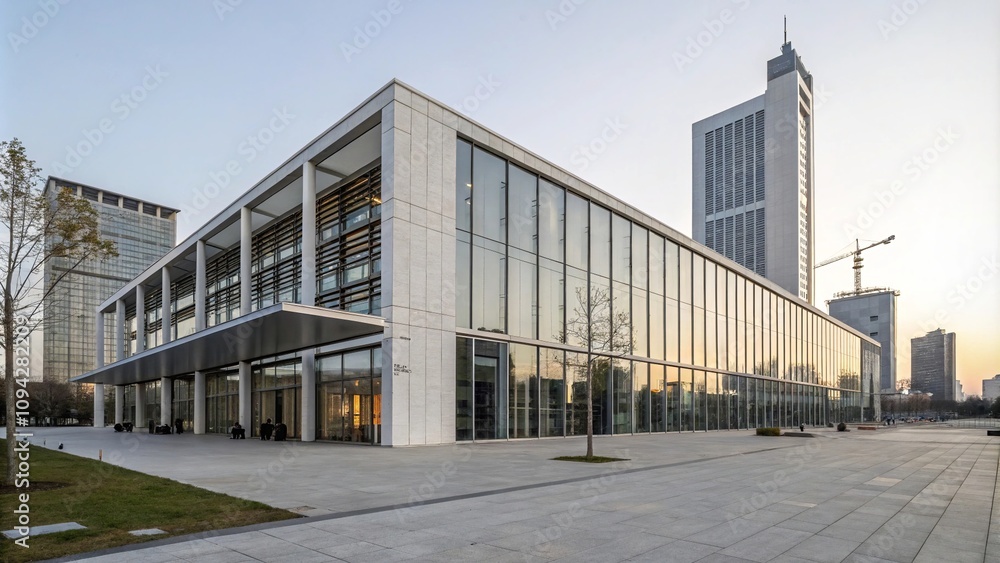 Obraz premium Contemporary Office Building with Glass Facade and Urban Skyline at Sunset