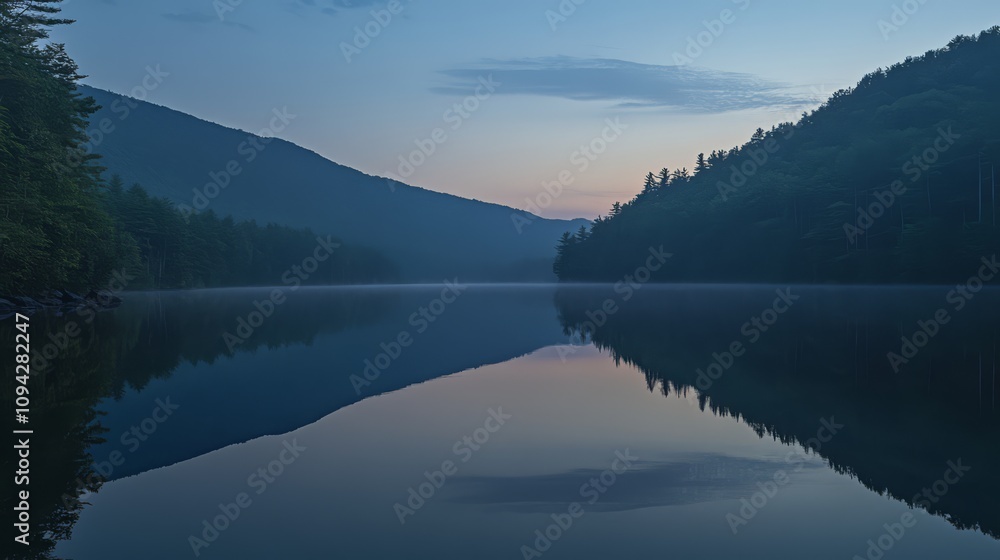 Serene dawn over tranquil lake mirroring mountains. Serene dawn over tranquil lake mirroring mountains.