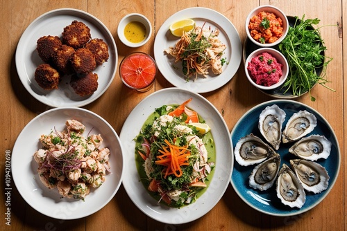 Delicious Seafood Dishes with Octopus Fritters Crab Salad Fresh Oysters and Tuna Tartare