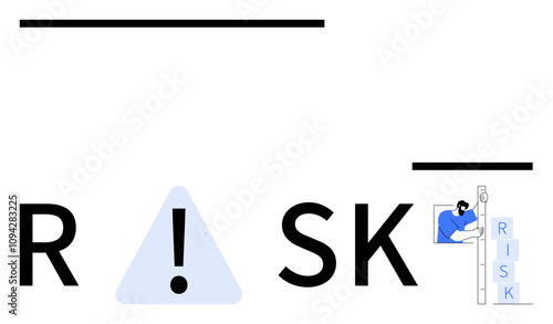 Worker climbing a ladder labeled RISK and exclamation mark in a triangle with the word RISK. Ideal for business strategy, finance management, safety training, decision-making, project planning