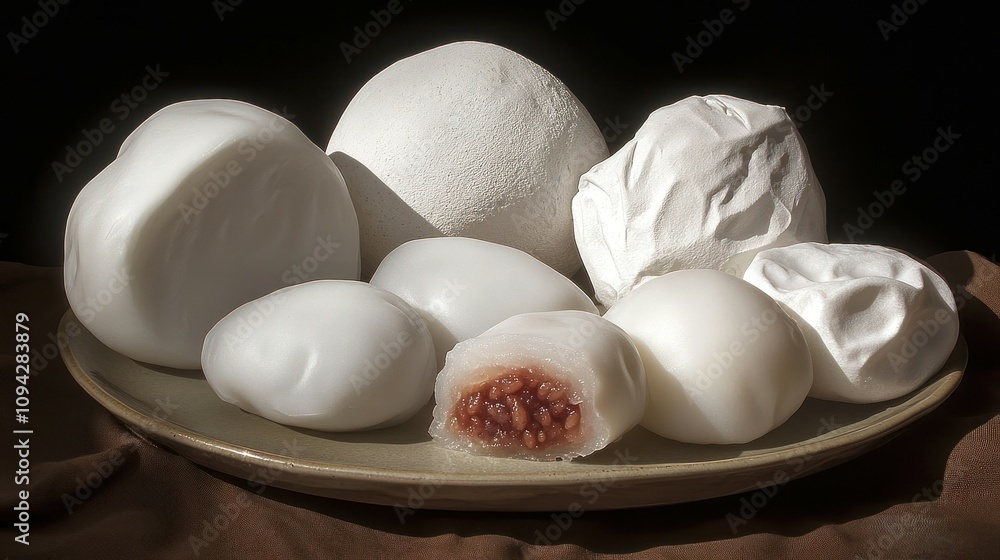 White Mochi Rice Cakes Displayed On A Plate White Mochi Rice Cakes Displayed On A Plate