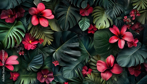 A vibrant arrangement of tropical flowers and leaves creating a lush, decorative backdrop.