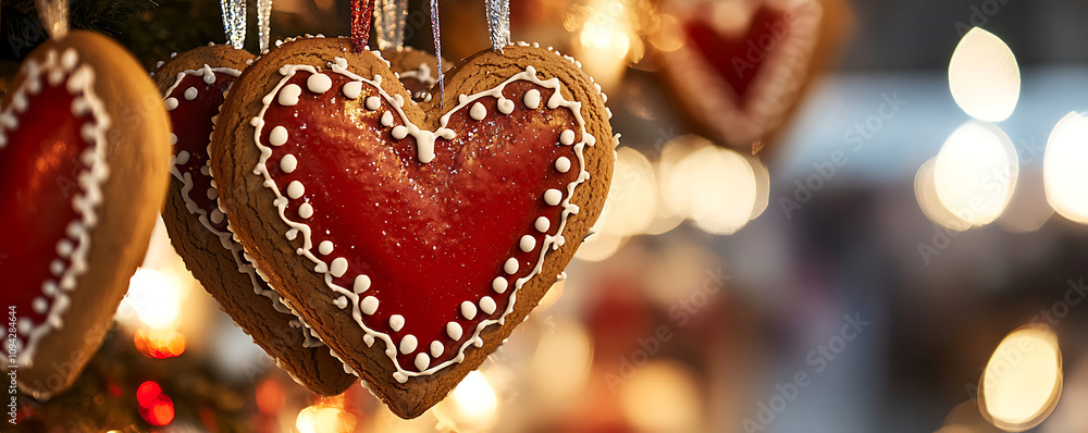 Festive heart-shaped gingerbread cookie with Christmas lights Festive heart-shaped gingerbread cookie with Christmas lights