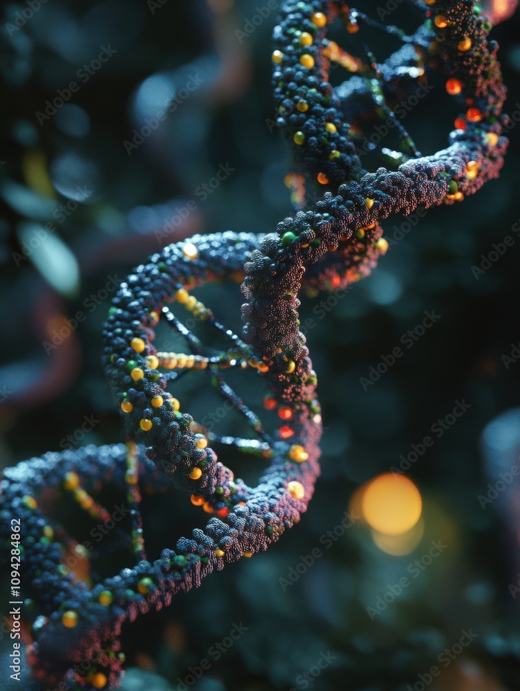 Close-up view of a colorful DNA strand showcasing intricate structures and glowing elements in a dark background. Close-up view of a colorful DNA strand showcasing intricate structures and glowing elements in a dark background.