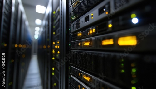 Close-up view of server racks in a data center showcasing technology and digital infrastructure.