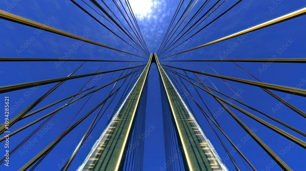 Fototapeta premium A dramatic upward view of a modern architectural structure against a bright blue sky.