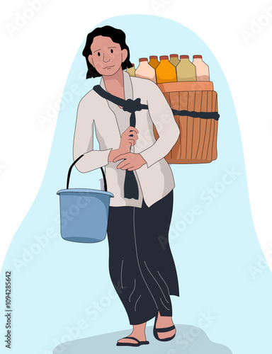 A woman selling herbal drinks carrying many bottles in a basket on her back illustration