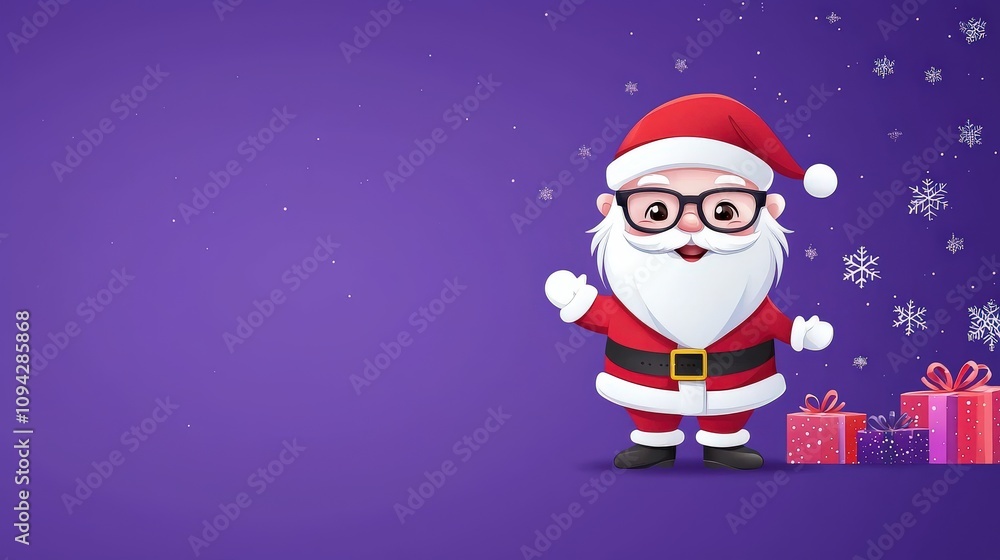 A playful Santa Claus illustration, complete with glasses and a jolly expression, on a rich purple backdrop. Ideal for Christmas-themed cards and decorative designs.