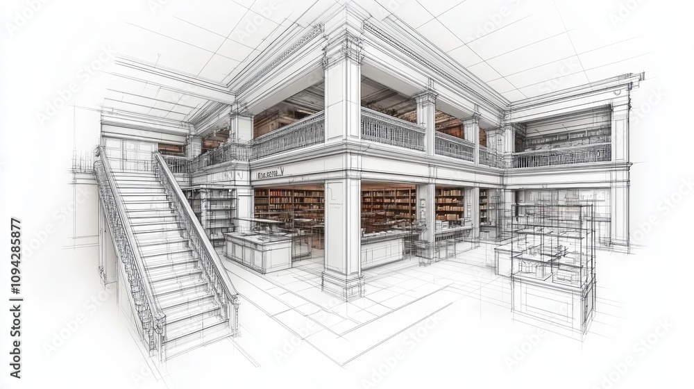 Architectural sketch of a grand, two-story building interior with staircase, columns, and bookshelves. Architectural sketch of a grand, two-story building interior with staircase, columns, and bookshelves.