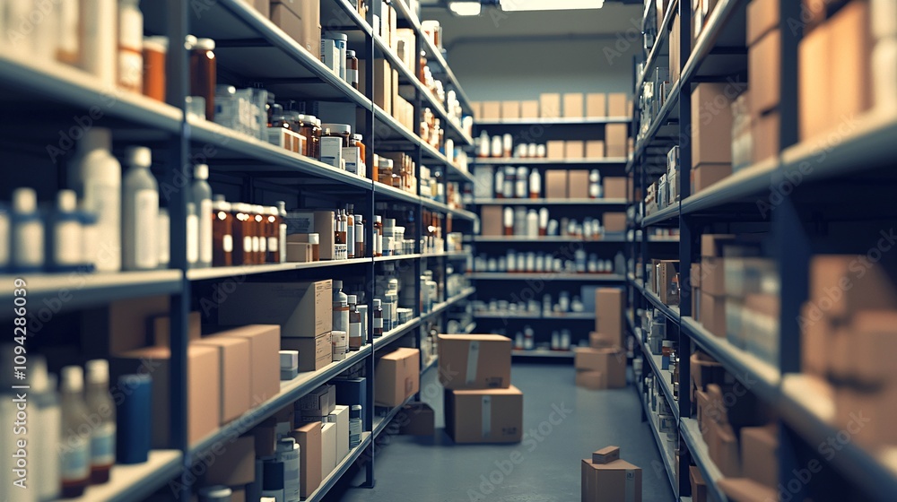 Storage Room with Rows of Medicine Boxes and Bottles Storage Room with Rows of Medicine Boxes and Bottles