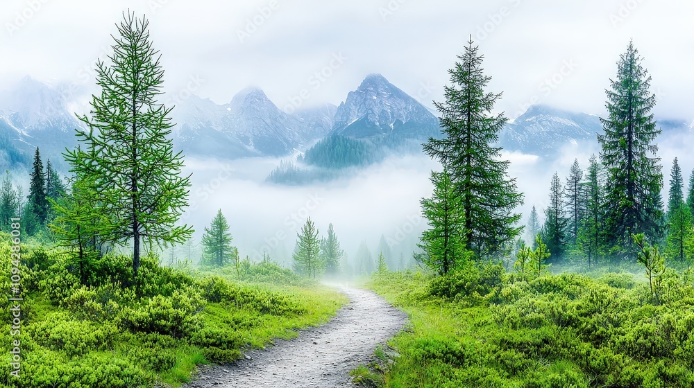 Fototapeta premium A quiet mountain trail enveloped in fog, with pine trees creating a moody, tranquil scene.