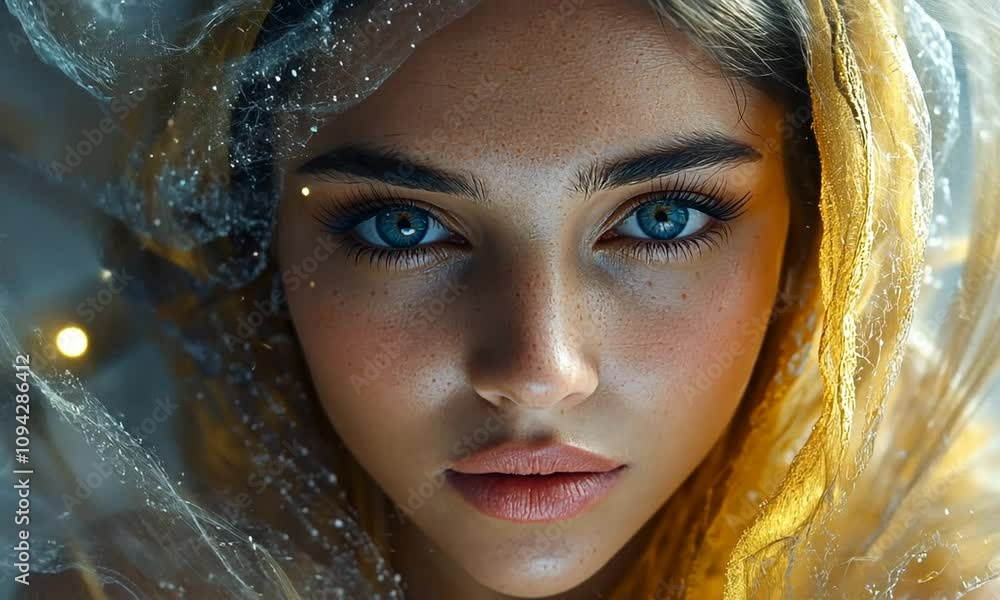Close-up portrait of a person with striking blue eyes and soft features. Close-up portrait of a person with striking blue eyes and soft features.