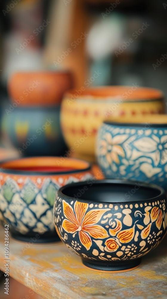 Close-up of hand-painted pottery shows vibrant colors and skilled craftsmanship in the studio Close-up of hand-painted pottery shows vibrant colors and skilled craftsmanship in the studio