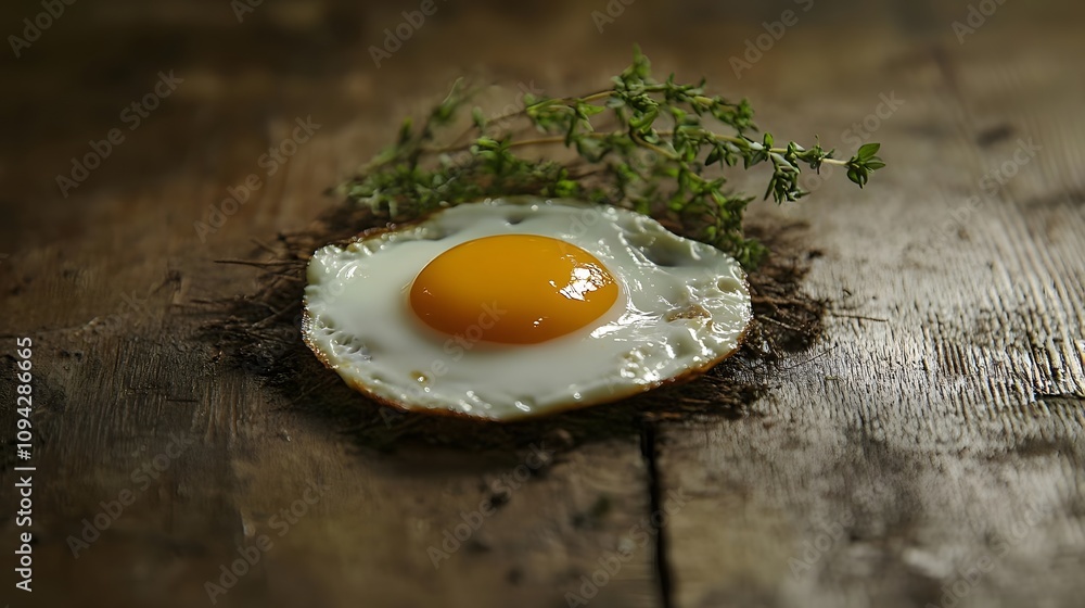 Sunny Side Up Egg on Rustic Wood with Thyme Sunny Side Up Egg on Rustic Wood with Thyme