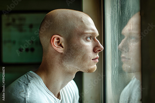 A contemplative man with cancer gazes out of a hospital window in a moody, cinematic atmosphere during a quiet afternoon photo