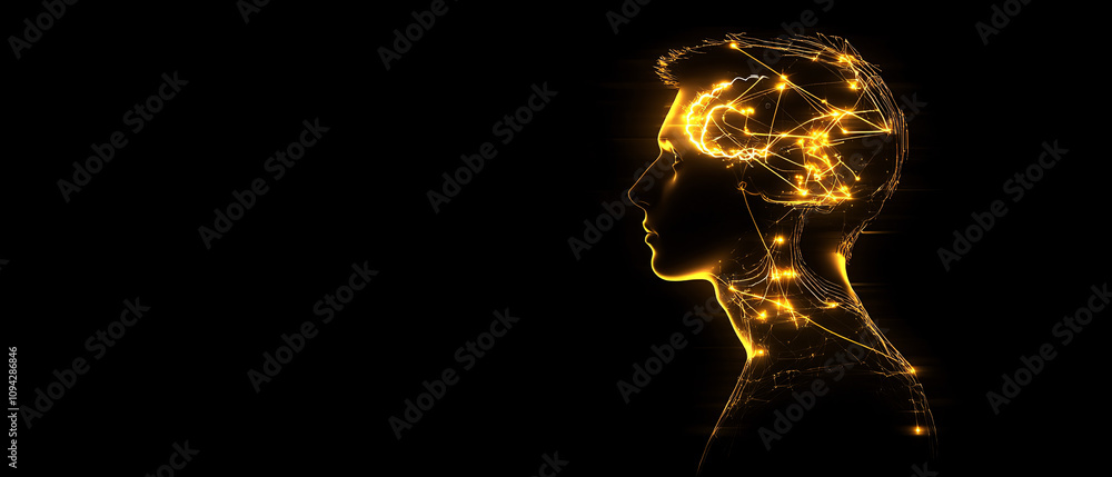 Naklejka premium Abstract Glowing Human Head with Brain Neural Network Connections