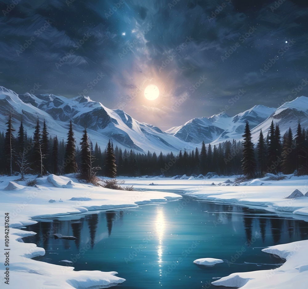 Illustration of winter landscape with frozen lake and starry sky. Illustration of winter landscape with frozen lake and starry sky.