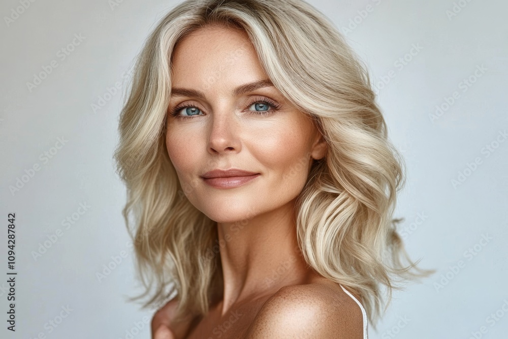 Fototapeta premium Middle-aged attractive woman with fair skin and blonde hair in a white top close up portrait skincare beauty
