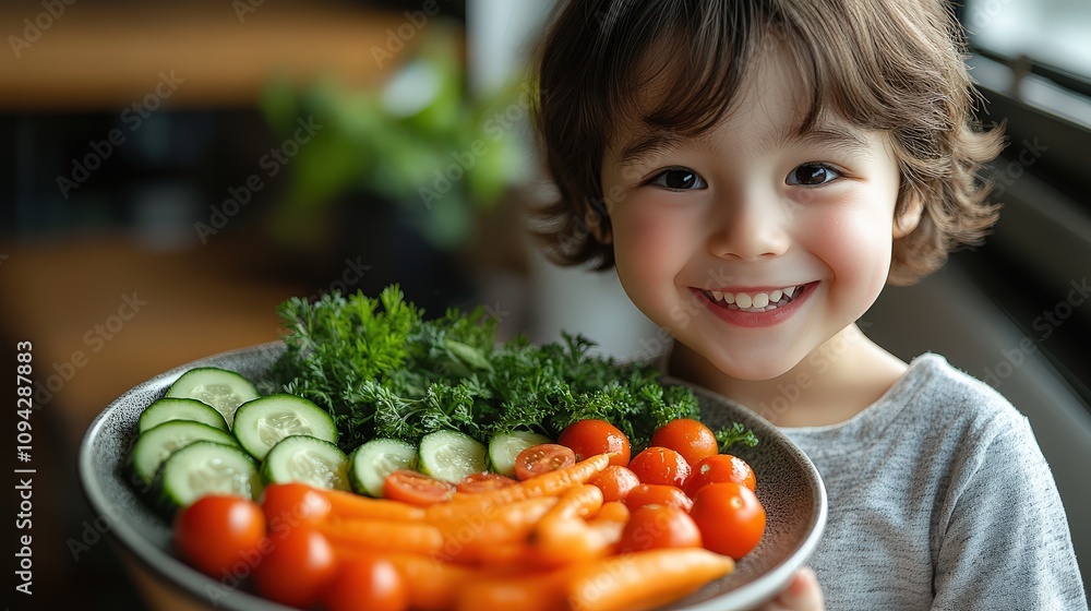 A smiling chubby boy holding a playful plate of food art, featuring a vegetable garden scene made from carrots, cucumbers, and tomatoes. A smiling chubby boy holding a playful plate of food art, featuring a vegetable garden scene made from carrots, cucumbers, and tomatoes.