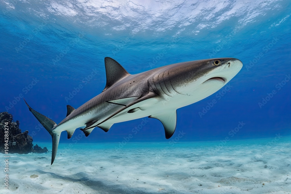 Naklejka premium Dominant Hammerhead Shark Swimming Across Bright White Water