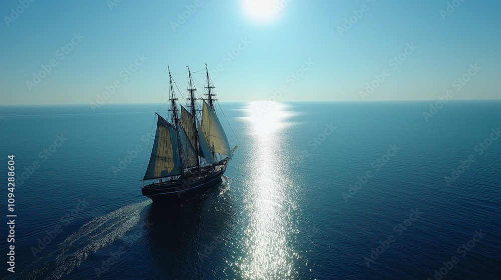 Obraz premium A sailing ship at dawn sails far out into the ocean.