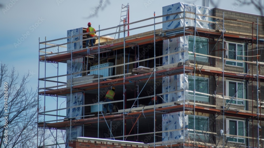 Strong gusts of wind pose a challenge as workers try to maneuver heavy materials onto the upper floors of the building. Strong gusts of wind pose a challenge as workers try to maneuver heavy materials onto the upper floors of the building.