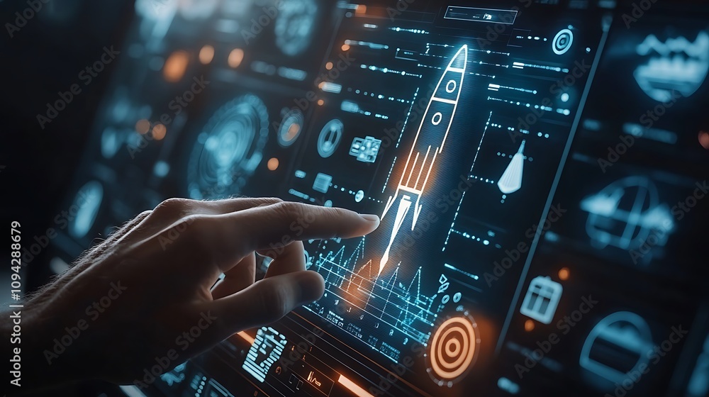 Businessman touching a growth graph with a rocket on virtual screen Businessman touching a growth graph with a rocket on virtual screen
