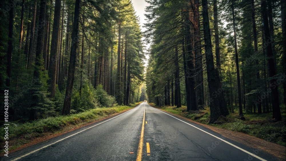 Asphalt road stretching into the forest with tall trees on both sides, rural, outdoor, natural scenery Asphalt road stretching into the forest with tall trees on both sides, rural, outdoor, natural scenery