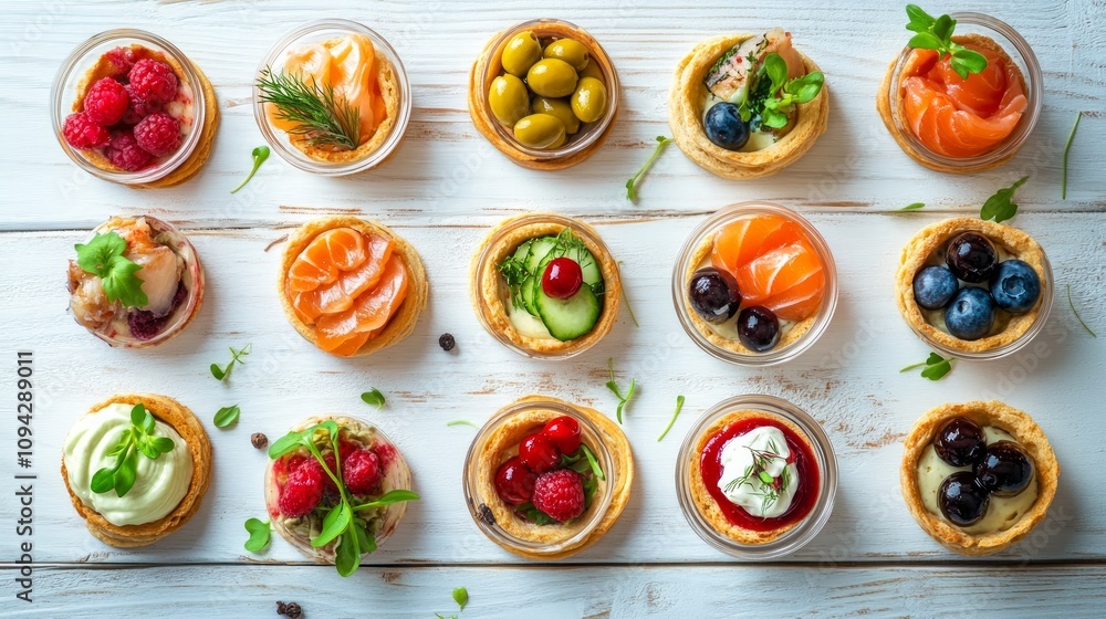 Assorted mini tarts with various fillings, including salmon, berries, and vegetables, arranged on a white wooden surface. Assorted mini tarts with various fillings, including salmon, berries, and vegetables, arranged on a white wooden surface.