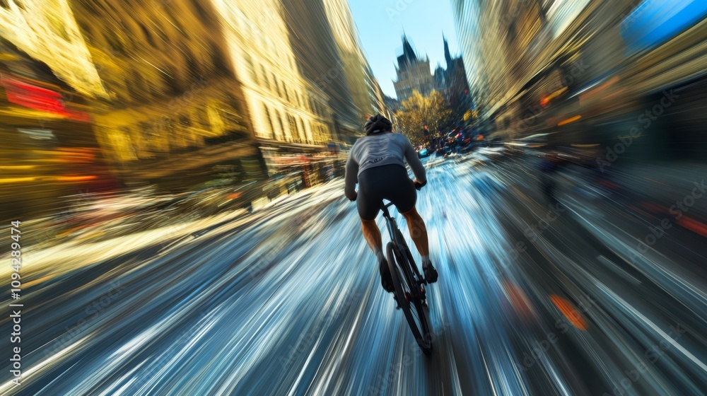 Cyclist speeding through city streets, motion blur effect. Cyclist speeding through city streets, motion blur effect.