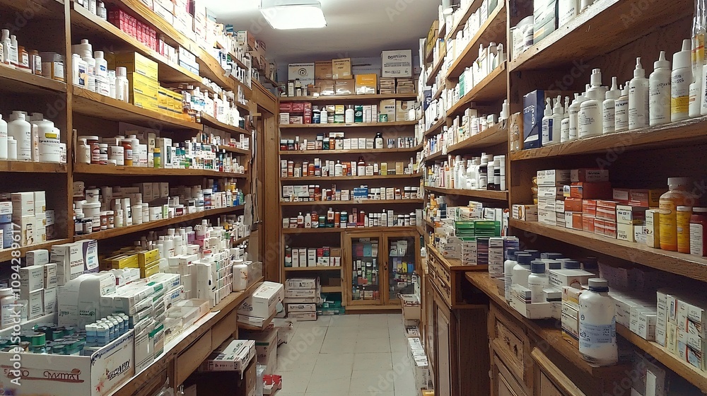 Fototapeta premium Well-Arranged Medication Shelves in a Pharmacy