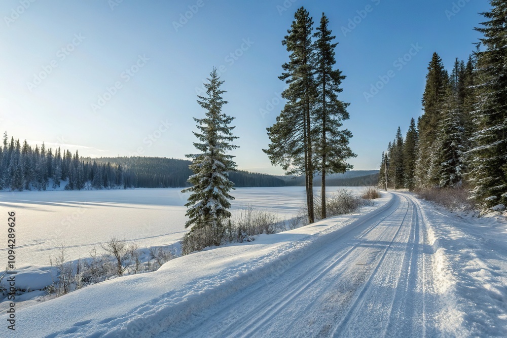 Fototapeta premium A serene winter landscape featuring a snow-covered road alongside tall evergreen trees and frozen lakes, evergreen trees, snowy landscapes, winter landscape,