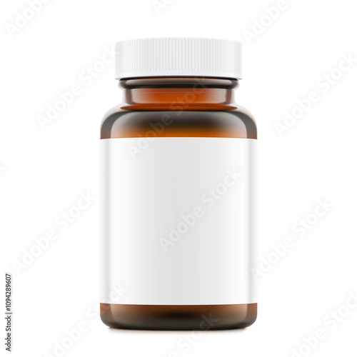 Brown glass wide mount bottle with screw cap and label mockup for treats, vitamins, supplements isolated on white background. Vector illustration. Ready for your design. EPS10.	