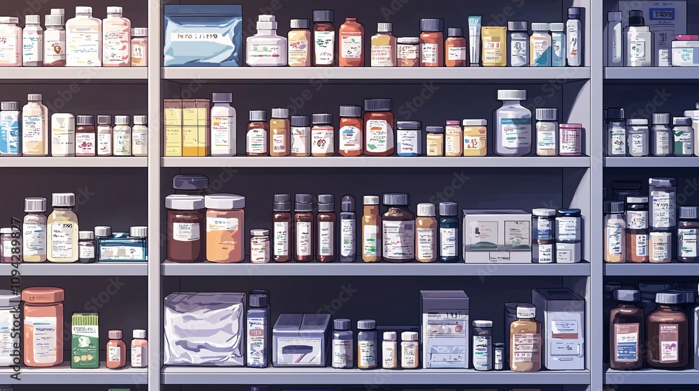 Pharmacy Storage Shelves with Varied Medicines Pharmacy Storage Shelves with Varied Medicines