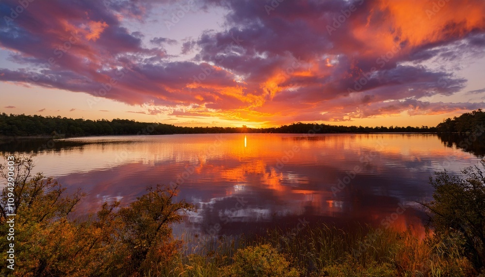 Fototapeta premium Colorful Sunset Over Serene Lake with Vibrant Reflections and Dramatic Clouds