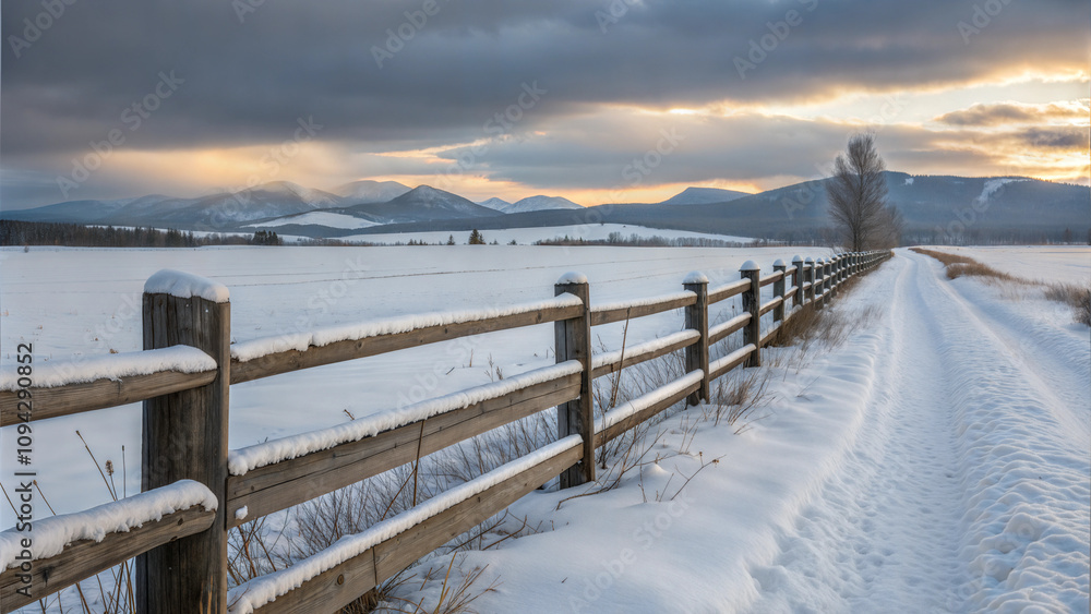 Naklejka premium Snow-covered countryside with wooden fence and dirt road leading to mountains at sunset 