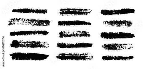 An arrangement of black brush strokes with different textures and lengths, suitable for use in graphic design, digital art, or as backgrounds in creative projects