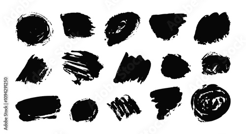 Charcoal shape, ink paint brush, grunge organic blob, irregular stain, black stroke spot isolated on white background. Abstract simple different styles shapes and textures splash.