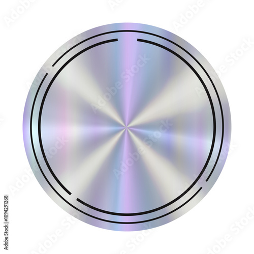 Circular metallic empty sticker with holographic effect showcasing a reflective surface and subtle gradients.