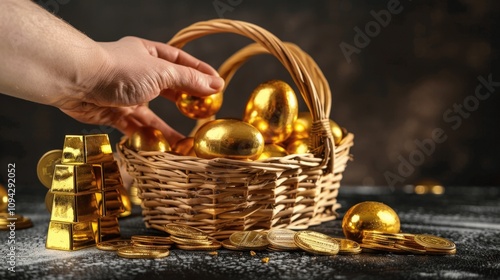 Golden Eggs and Coins in a Basket Arrangement