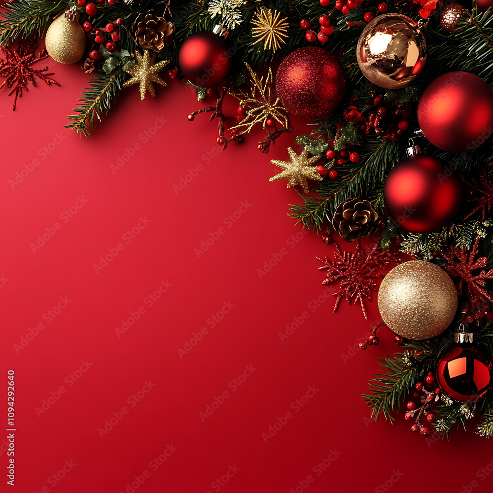Christmas tree decoration with red and gold glass balls and fir branches for the holiday season Christmas tree decoration with red and gold glass balls and fir branches for the holiday season