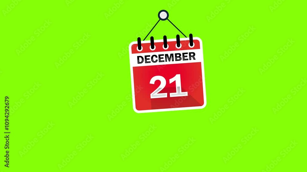 December 21 Calendar Sign on green screen background chroma key