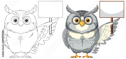 Owls Holding Blank Signs Illustration