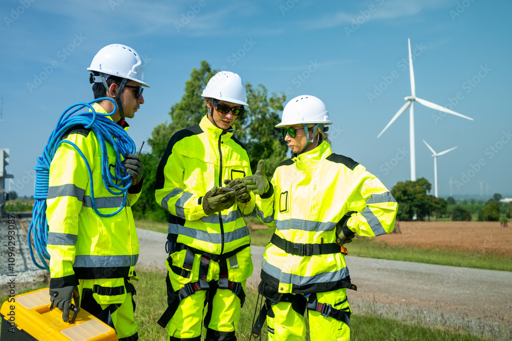 Fototapeta premium An engineer wearing safety gear closely inspects the base of a wind turbine in a renewable energy field.