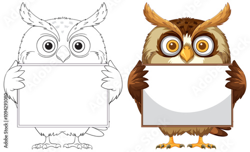 Owls Holding Blank Signs Illustration