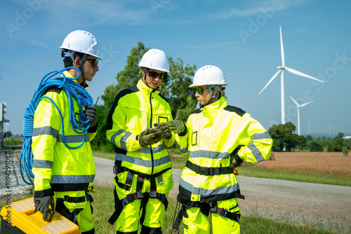 An engineer wearing safety gear closely inspects the base of a wind turbine in a renewable energy field.