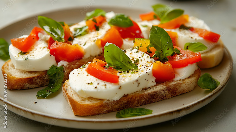 shot of a platter of toasted bread topped with creamy white cheese, sun-dried tomatoes, and fresh basil leaves, The tomatoes are glistening with oil and seasonings shot of a platter of toasted bread topped with creamy white cheese, sun-dried tomatoes, and fresh basil leaves, The tomatoes are glistening with oil and seasonings