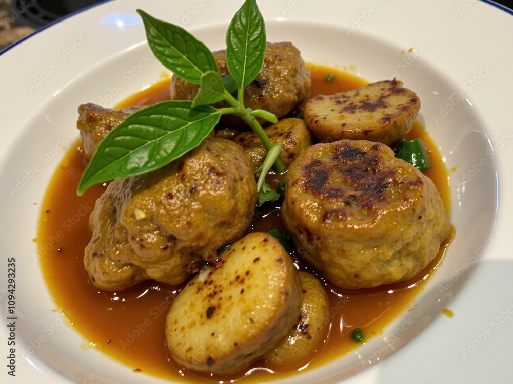Savory Meatballs Served in a Rich Sauce With Sliced Potatoes and Garnished With Fresh Herbs Savory Meatballs Served in a Rich Sauce With Sliced Potatoes and Garnished With Fresh Herbs