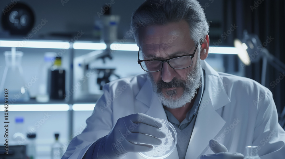 Scientist in lab coat meticulously examining petri dish with cells, symbolizing groundbreaking longevity research in a modern laboratory setting Scientist in lab coat meticulously examining petri dish with cells, symbolizing groundbreaking longevity research in a modern laboratory setting